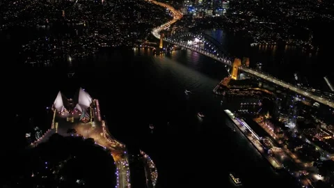 Sydney Opera House and Harbour Bridge Night Aerial View Vídeo Stock 347231753