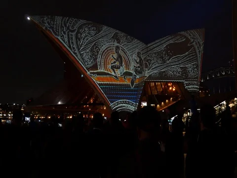 Sydney opera house idigenous light show Stock Footage 83425476