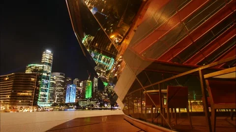 Sydney Opera House windows and Vivid skyscrapers time lapse dolly 4K Stock Footage 243692358