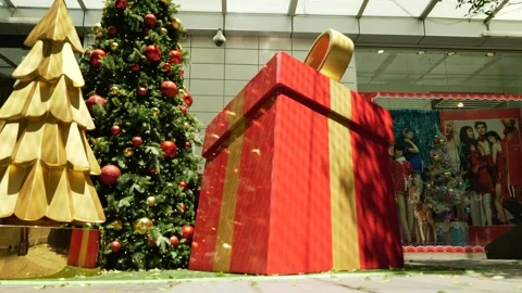Sydney shoppers pass huge wrapped up gift and Christmas tree 6K Stock Footage 326019142