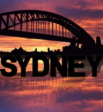 Sydney skyline reflected with text sunset illustration Stock Illustration