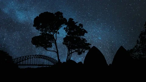 Sydney Skyline: Time Lapse by Night with Stars and Milky Way in Background Stock Footage 146070168