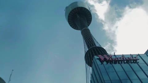 Sydney Tower Rising Above Pitt Street in Central Sydney with Modern Glass Stock Footage 345730488