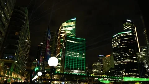 Sydney VIVID flags at Circular Quay tracking shot 6K Stock Footage 311123727