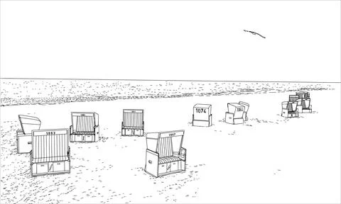 Sylt Beach Wicker Chairs Line Art Stock Illustration