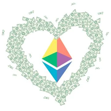 Symbol of digital virtual crypto currency Ethereum of a inside a heart shape Stock Illustration