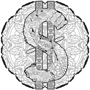 Symbol of dollar zentangle on mandala. Vector decorative object for coloring Stock Illustration