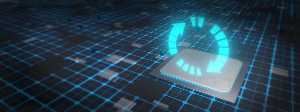 Symbol of double refresh arrow glowing on a circuit board 3D Rendering Stock Illustration