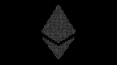 The symbol of Ethereum in hexadecimal code flashes on a black background. Video stock 84709570