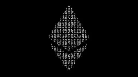 The symbol of Ethereum in hexadecimal code shows on a black background. 스톡 동영상 84709562