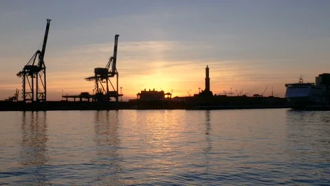 The symbol of Genoa the lighthouse called Lanterna  during the sunset time Video stock 85821435