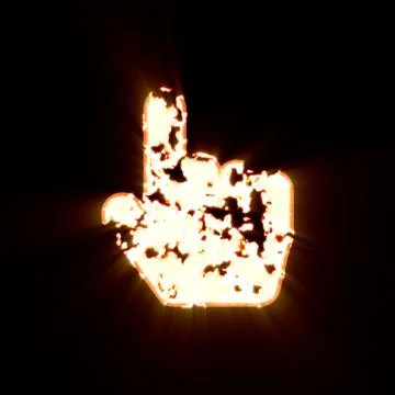 Symbol hand pointer burned on a black background. Bright shine Illustrazione stock