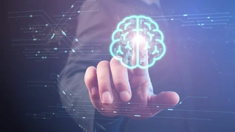 A symbol of a human brain against the background of a moving world map and AI Stock Footage 270708353