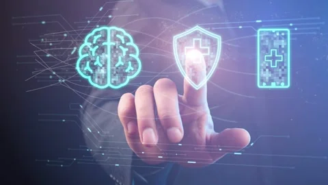 A symbol of a human brain, shield and gadget against the background of a moving Stock Footage 270707703