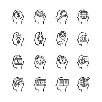 Symbol Human Mind Black Thin Line Icon Set. Vector Stock Illustration
