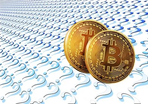 Symbol image, Bitcoin on question mark, stock market prices, insecure digital Stock Photos