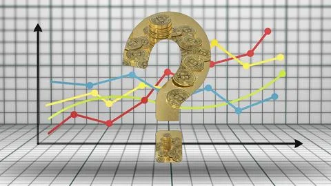 Symbol image, Bitcoin on question mark, stock market prices, insecure digital Stock Photos