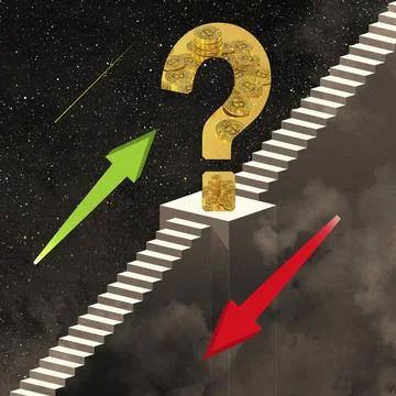 Symbol image, Bitcoin on question mark, stock market prices, insecure digital Stock Photos