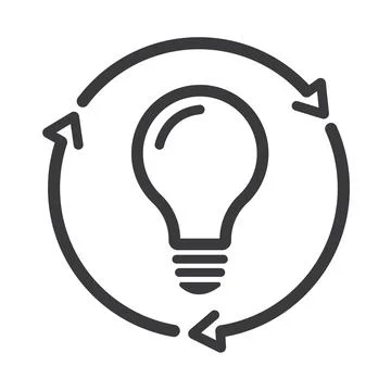 Symbol for innovation, novelty, creativity. Bulb surrounded by three arrows. Stock Illustration