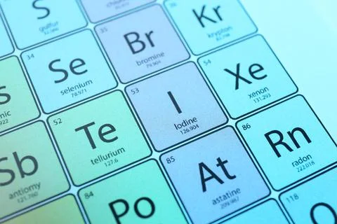 Symbol Iodine on periodic table of elements against color background, closeup Foto stock