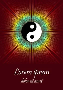 Symbol jin jang with multicolored rays aura on dark red background, spiritual Stock Illustration