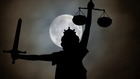 Symbol of Justice by Night with Full Moon, lady justice, Iustitia or Justitia Stock Footage 103830596