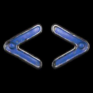 Symbol left and right angle bracket made of painted metal with blue rivets on Stock Illustration
