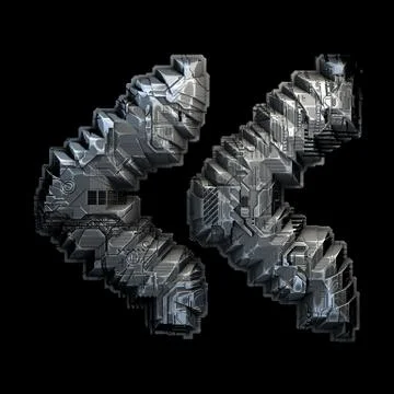 Symbol left quotation marks made of metal isolated on black background. 3d 스톡 일러스트