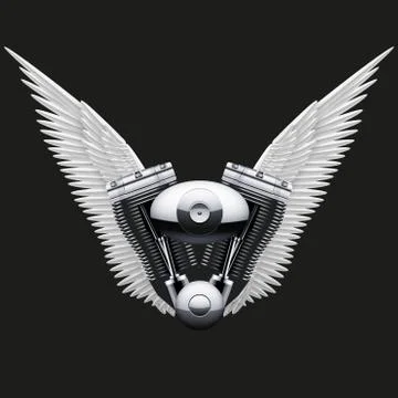 Symbol of motorcycle engine with White open wings Stock Illustration