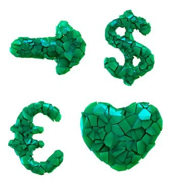 Symbol plastic set arrow, dollar, euro, heart made of 3d render plastic shards Illustrazione stock