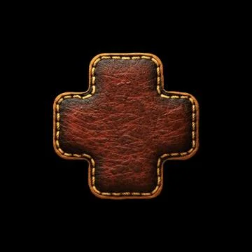 Symbol plus made of leather. 3D render font with skin texture on black Illustrazione stock