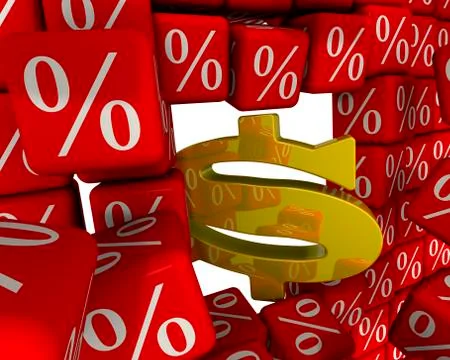 The symbol of the US dollar breaks the wall of percentages Illustration