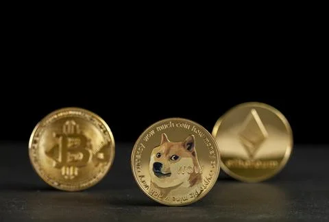 Symbolic cryptocurrency types represented as shiny coins are lined up against Stock Photos