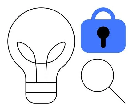 Symbolic Elements of Innovation Security and Research with Light Bulb Lock .. Stock Illustration