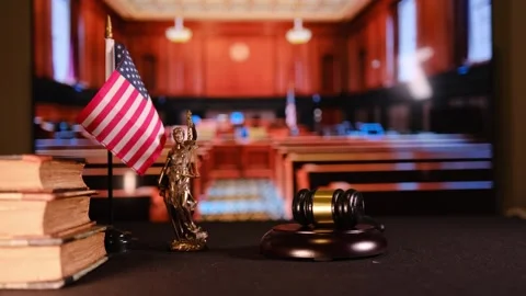 Symbolic Elements Representing Justice Within a Courtroom Setting Environment Video stock 308499169