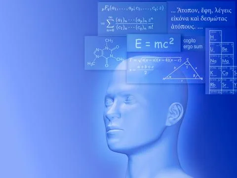 Symbolic image depicting knowledge, blue head with various written tables: ma Illustrazione stock