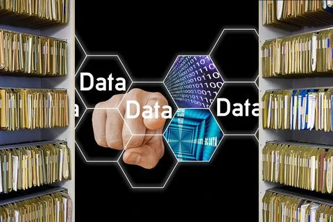 Symbolic image digitisation of administration outdated processes dusty Foto stock