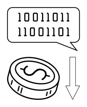 Symbolic representation of digital currency with binary code and a downward.. Illustrazione stock