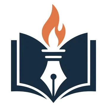 A symbolic representation of knowledge open book with a flame and pen Stock Illustration