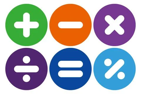 Symbols for addition, subtraction, multiplication, division, equals and percent. Stock Illustration