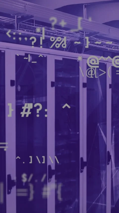 Symbols and coding animation over server racks in data center Stock Footage 343682677