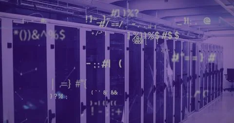 Symbols and coding image over server racks in data center 写真素材