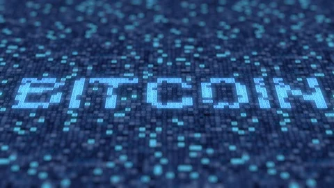 Symbols on a blue computer screen compose BITCOIN word. Loopable 3D animation Stock Footage 110753882