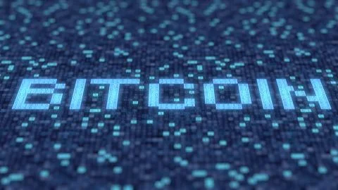 Symbols on a blue computer screen compose BITCOIN word. 3D rendering Stockillustratie