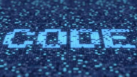 Symbols on a blue screen compose CODE word. Loopable 3D animation Stock Footage 111895958