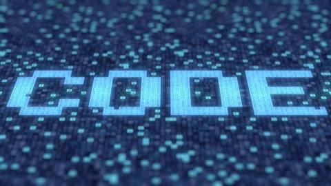 Symbols on a blue screen compose CODE word. 3D rendering Illustrazione stock