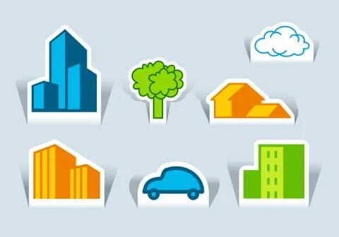 Symbols of buildings, tree and the car Stock Illustration