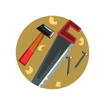 Symbols of the carpenter profession, carpentry tools cartoon vector Illustration Stock Illustration
