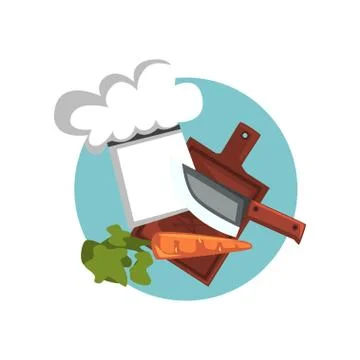 Symbols of the cook profession, chef hat and kitchen utensils cartoon vector Stock Illustration