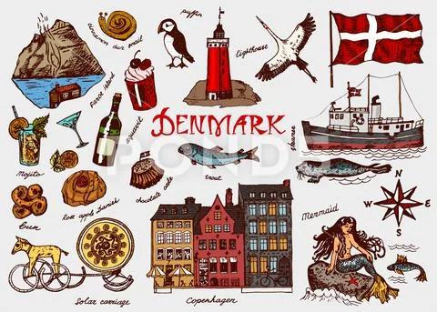 Symbols of Denmark in vintage style. Retro sketch with traditional signs Stock Illustration